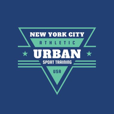 Kentsel spor eğitim atletik Abd - t-shirt için tipografi vintage logosu. İki renk kıyafet baskı için Retro sanat rozeti. Mavi arka plan üzerinde vektör çizimi. New York şehri. Grafik tasarım.