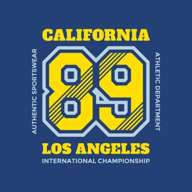 Sayı 89 California Los Angeles - t-shirt için tipografi vintage logosu. İki renk kıyafet baskı için Retro sanat rozeti. Mavi arka plan üzerinde vektör çizimi. Atletik spor giyim.