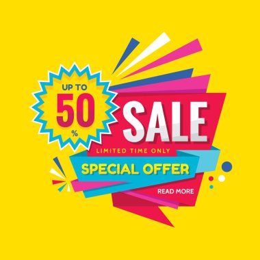 Satış konsepti afiş tasarımı. İndirim 50% yaratıcı etiket kapalı. Soyut geometrik poster. Özel teklif. 