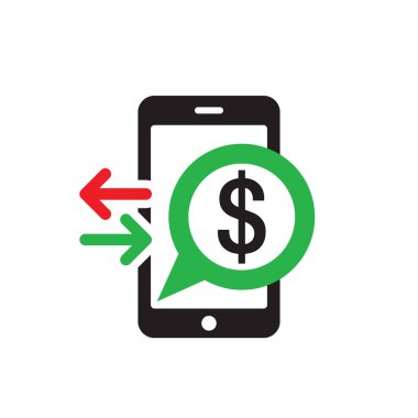 Düz tarzda cep telefonu ödeme simgesi. Dijital para dolar - vektör logo şablonu illüstrasyon. Akıllı telefon para birimi - yaratıcı işareti. Kırmızı ve yeşil oklar. Tasarım öğesi.