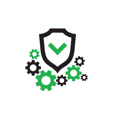 Koruma vektör simgesi tasarımı. Kontrol işareti ve dişlidişli dişli ile Kalkan. Seo. 