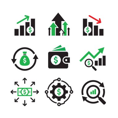İş finansmanı yatırım - konsept web simgeleri ayarlayın. Infographic döviz piyasası sembolleri. Monay dolar işaretleri. Grafik tasarım öğeleri.