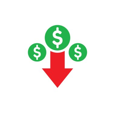 Para dolar aşağı ok, düşen finans grafik - kavram simgesi tasarımı. Çökme çökme işareti. Vektör çizimi. 