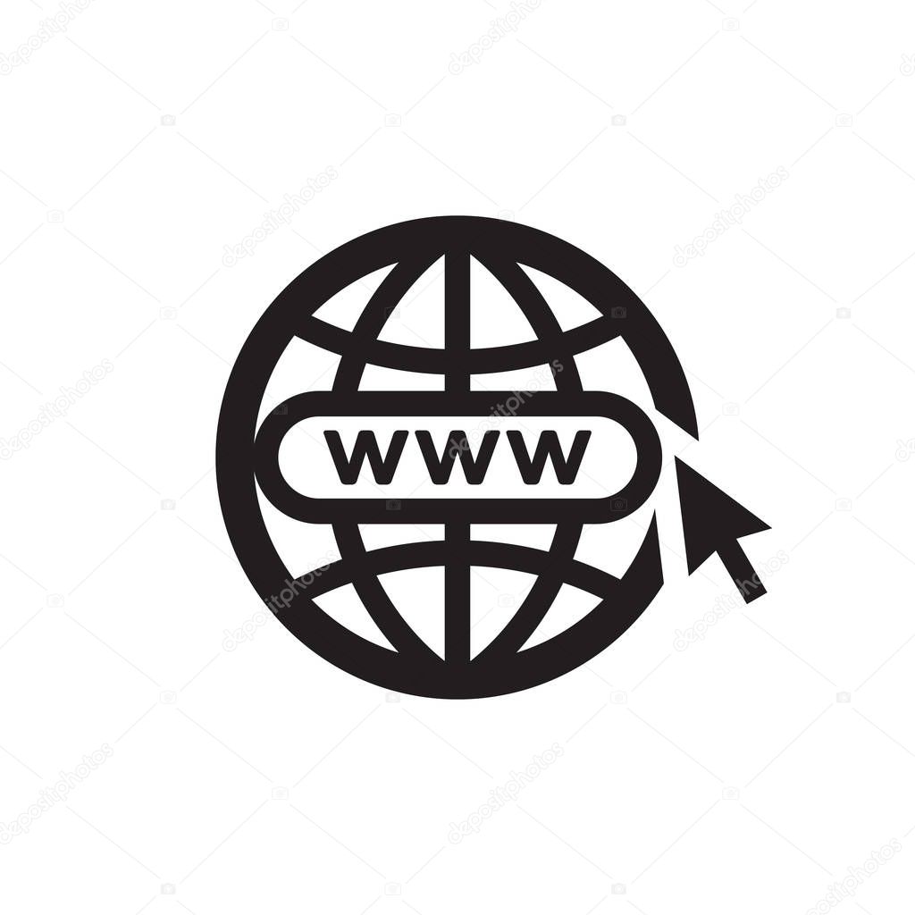WWW globe with arrow - black icon on white background vector illustration for website, mobile application, presentation, infographic. Web internet symbol. Graphic design element.