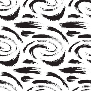 Fırça darbeleri siyah ve beyaz renklerde kusursuz desen. Soyut grunge arka plan tasarımı. Çizim stili. Vektör çizimi. 