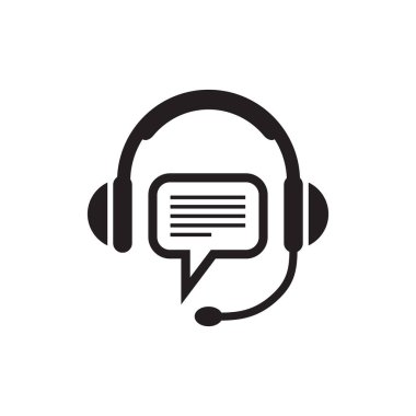 Kulaklık ve konuşma balonu - destek veya hizmet için beyaz arkaplan vektör illüstrasyonunda siyah simge. Danışmanlık hizmeti konsept tabelası. Merkeze haber ver. Grafik tasarım ögesi. 