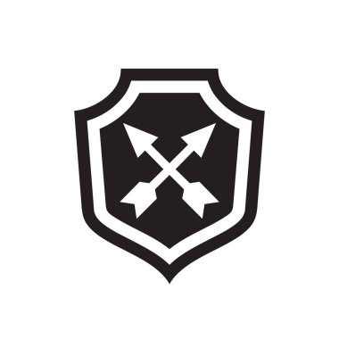 Oklu kalkan - beyaz arkaplan vektör illüstrasyonunda siyah simge. İnternet ya da akıllı telefon uygulaması için virüs koruma işareti. Grafik tasarım ögesi.