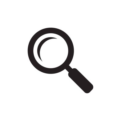 Büyüteç - web sitesi, mobil uygulama, sunum ve bilgi için beyaz arkaplan vektör illüstrasyonunda siyah simge. Lens konsept işareti. Seo - arama motoru optimizasyonu Grafik tasarım ögesi. 