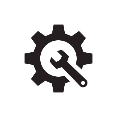 Seo - web sitesi, mobil uygulama, sunum ve bilgi için beyaz arkaplan vektör illüstrasyonunda siyah simge. İngiliz anahtarı tabelası olan vites. Ayarlama simgesi. Grafik tasarım ögesi. 