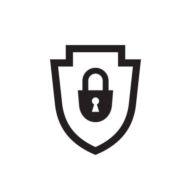 Güvenlik kilidi olan kalkan - web sitesi, mobil uygulama, sunum, bilgi için beyaz arkaplan vektör resimlemesi üzerine siyah simge. Virüs koruma kavramı işaret tasarımı. 