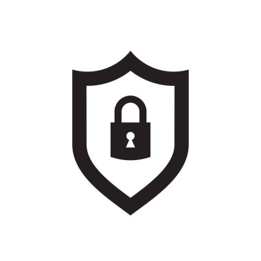 Güvenlik kilidi olan kalkan - web sitesi, mobil uygulama, sunum, bilgi için beyaz arkaplan vektör resimlemesi üzerine siyah simge. Virüs koruma kavramı işaret tasarımı. 