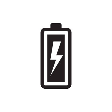 Yıldırımlı pil - web sitesi, mobil uygulama, sunum, bilgi için beyaz arkaplan vektör ilülasyonu üzerine siyah simge. Mobil enerji kavramı işaret tasarımı. 