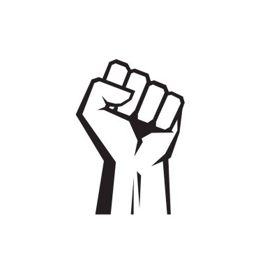 Kaldırılmış yumruk - web sitesi, mobil uygulama, sunum, bilgi grafiği için beyaz arkaplan vektör ilülasyonu üzerine siyah simge. İnsan eliyle kavram işareti. Protesto, zafer, güç ve dayanışma.