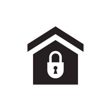 Güvenlik kilidi olan ev - siyah ikon vektör çizimi. Ev kavramı işareti.  