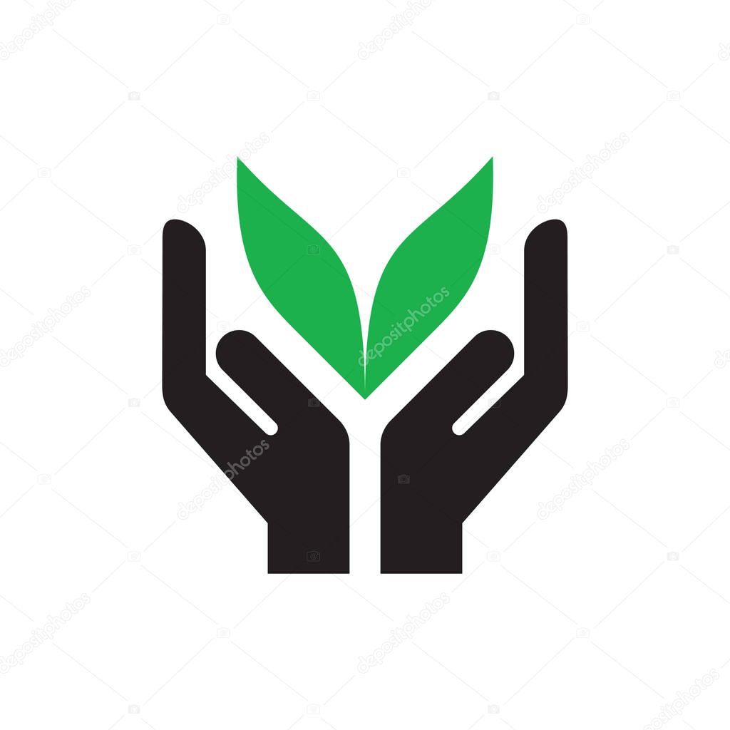Hands with green leaves - icon on white background vector illustration for website, mobile application, presentation, infographic. Nature care concept sign. Health holding. Global ecology.