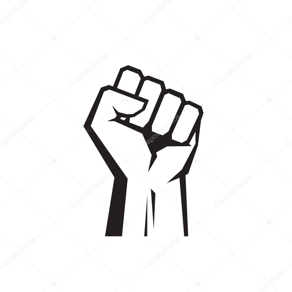 Raised fist - black icon on white background vector illustration for website, mobile application, presentation, infographic. Human hand up concept sign. Protest, victory, strength, power & solidarity.