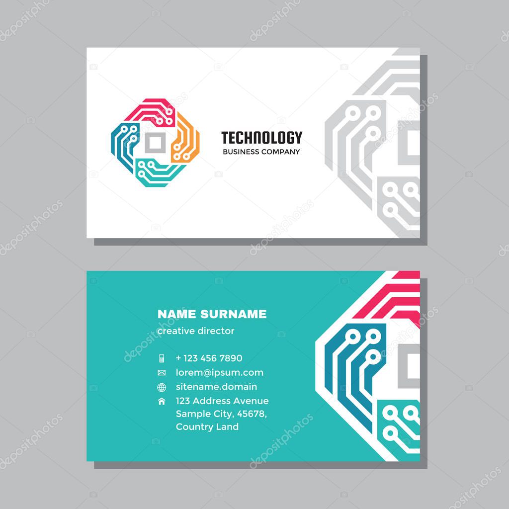 Business visit card template with logo - concept design. Network computer technology. Vector illustration.