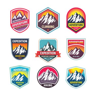 Mountain climbing - design logo badge set. Adventure outdoor creative vintage emblem collection. Vector illustration.  clipart