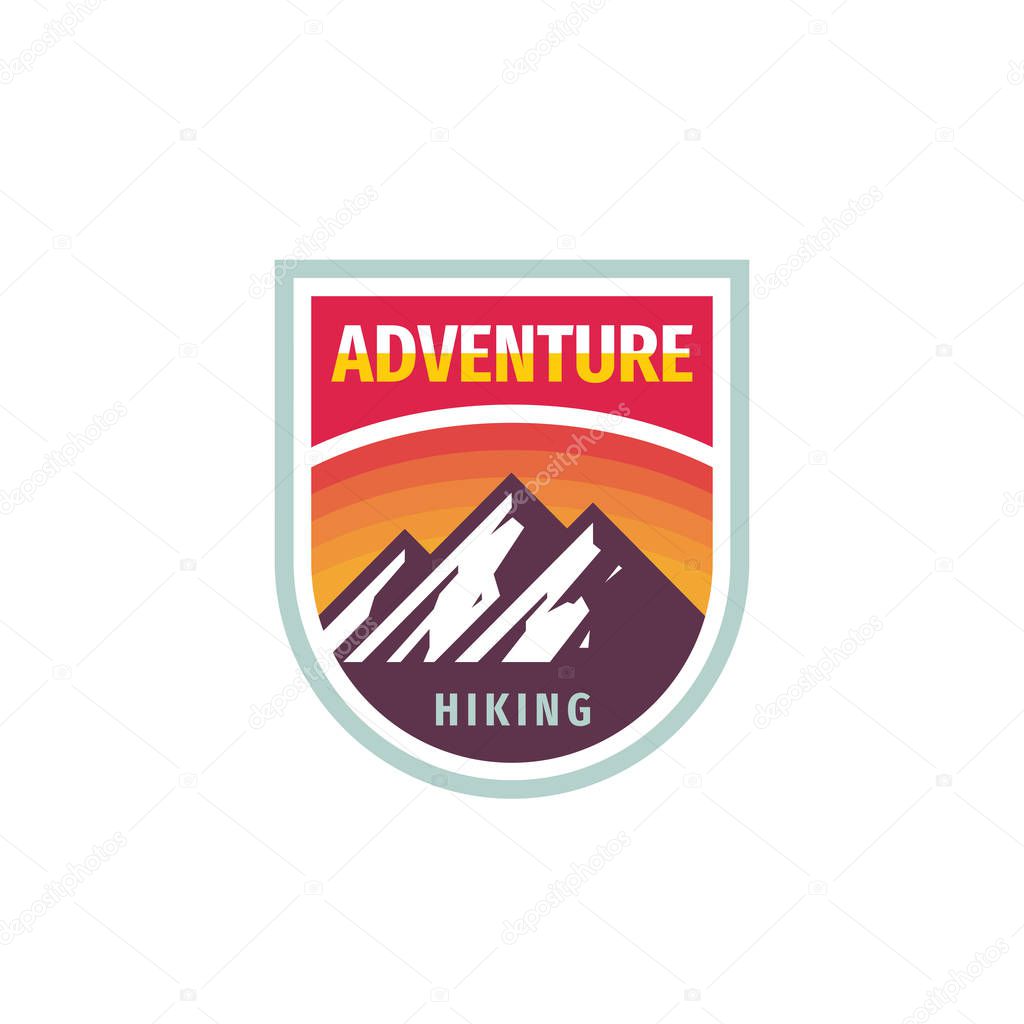 Adventure mountain hiking - concept badge design. Climbing creative logo. Expedition outdoors emblem. Vector illustration.