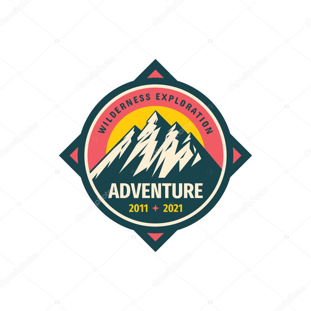 Mountain adventure badge design. Wilderness exploration concept sign. Climbing & hiking vector symbol.