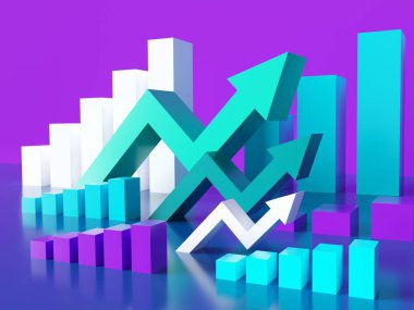 Büyümeyi grafiğe dök - 3 boyutlu resimleme. Green Arrows 'un bilgi haritası. İş yatırım konsepti afişi. Piyasa ticareti konsepti. Başarı diyagramı. Raster dijital bit haritası.