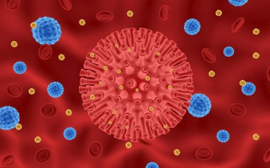 Coronavirus Covid-19 3D dijital tasarım. Grip geçmişi. Viral enfeksiyon salgını. Raster dijital bit haritası çizimi.