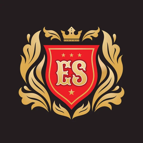 字母表E S初始字母概念标志模板设计 最高的纹章奢侈标志 红色盾牌 金色的叶子和皇冠 矢量说明 — 图库矢量图片