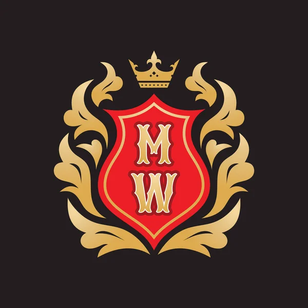 简写Mw字母 概念标识模板设计 最高的纹章奢侈标志 红色盾牌 金色的叶子和皇冠 向量示例的首字母缩写 — 图库矢量图片