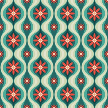 Turuncu çiçekler ve yeşil yapraklar. Yüzyılın ortalarında modern sanat vektör geçmişi. Soyut geometrik dikişsiz desen. Antika tasarım tarzında dekoratif süslemeler. 