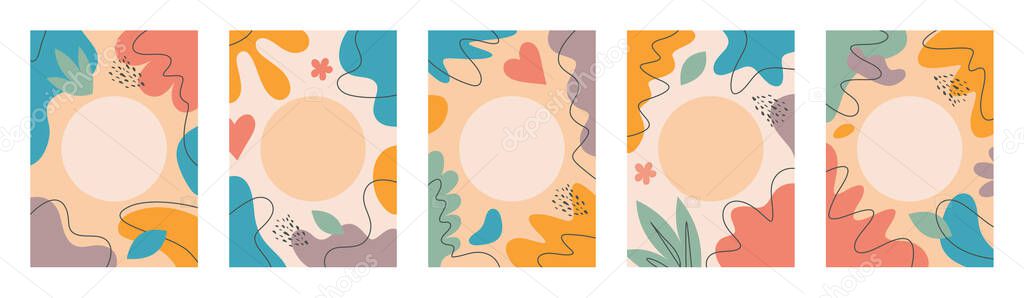 Background contemporary modern art style. Hand draw doodle shapes Abstract seamless pattern. Collage graphic ornament. Pastel colors. Vertical banner set. Concept poster. Vector illustration. 