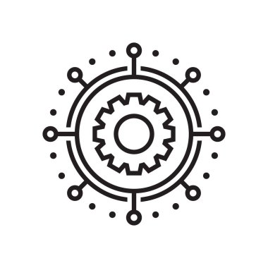 Teknoloji teçhizatı konsepti iş logosu şablonu tasarımı. Çarklı tamirci tabelası. Bilgisayar ağı SEO simgesi. Arama motoru optimizasyonu. Çizgi tarzı. Grafik tasarım elementi. Vektör illüstrasyonu