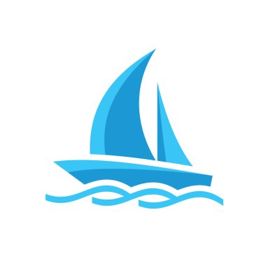 Yelkenli - vektör logo şablonu çizimi. Gemi yatı ve deniz dalgaları işareti. Tasarım ögesi. 