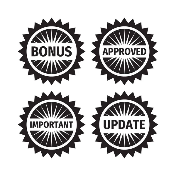 Bonusabzeichen Design Genehmigt Abzeichen Emblem Wichtiger Aufkleber Aktualisierungszeichen Logoset Vorhanden — Stockvektor