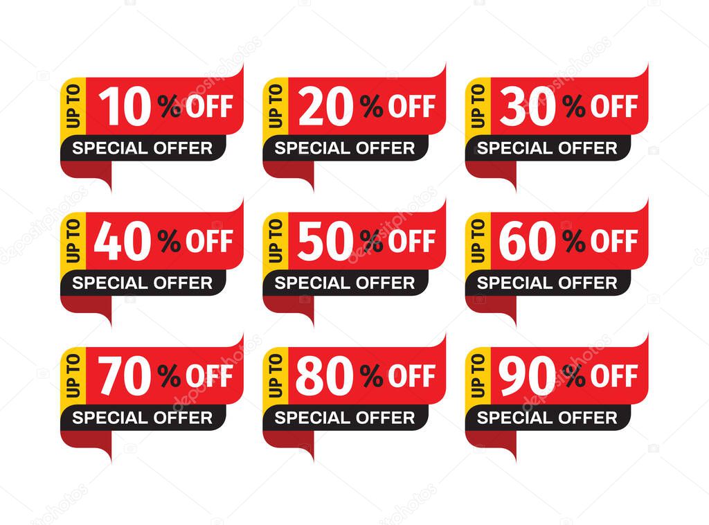 Sale price-tag badges design set. Discount up to 10, 20, 30, 40, 50, 60, 70, 80, 90 % off. Clearance promotion sticker collection. Vector illustration. 
