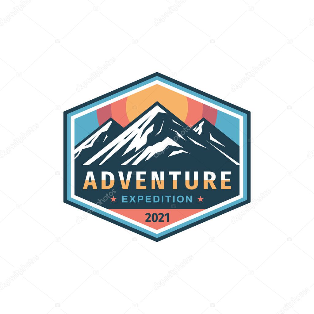 Adventure expedition mountain badge design. Extreme traveling logo in flat vintage style. Hiking climbing sport training. Vector illustration. 
