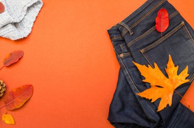 Kadın sonbahar kıyafet alışverişi online satış mavi sweter ve kotlar teras arka planda, üst manzara.