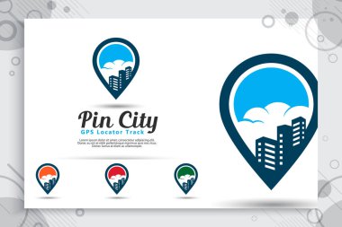 PIN şehir vektör logo basit tarzı kavramı, PIN harita illüstrasyon ve bina ile seyahat veya gps yazılım uygulaması mobil simgesi dijital şablonu için kullanabilirsiniz