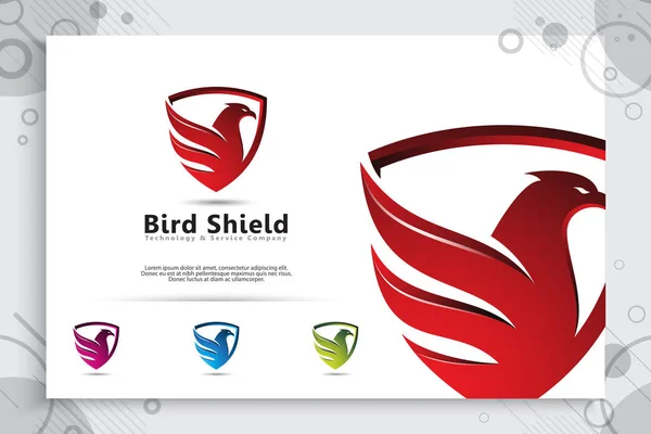 鹰盾科技矢量标志设计与现代风格的概念, 抽象的插图鸟盾作为数字模板公司的网络安全的象征 — 图库矢量图片