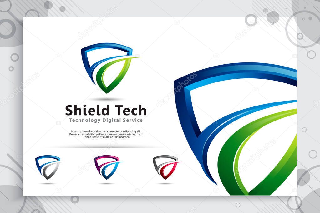 3d shield tech vector logo design with modern concept , abstract illustration symbol of cyber security  for digital template protection software company