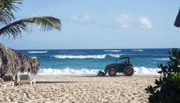 Úklid Pláži Řasy Písek Pláži Punta Cana Dominikánská Republika Traktorem — Stock fotografie