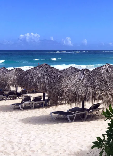 Comfortabele Ligbedden Onder Parasols Van Palm Daken Het Strand Van — Stockfoto