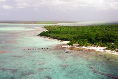 Turkuaz Karayip Denizi, palmiye ağaçları, Saona Adası, Dominik Cumhuriyeti, kumlu kıyı görünümünü. Dinlenmek için kutsal bir yer. Yukarıdan gelen helikopter kabin.