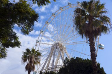Panoramik tekerlek, kabin ve palmiye ağaçları mavi gökyüzü bulutlu. Güzel İspanyol şehir Malaga.