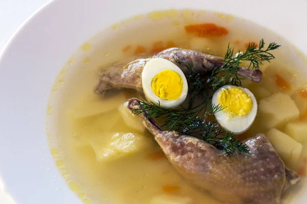 Lezzetli kokulu çorba bıldırcın suyu tabak yemek bir beyaz dayalı. Dilim et, Bıldırcın yumurta, dereotu, bulgur, biber ve kraker - bir kullanışlı ve basit yemek. Türk mutfağı.