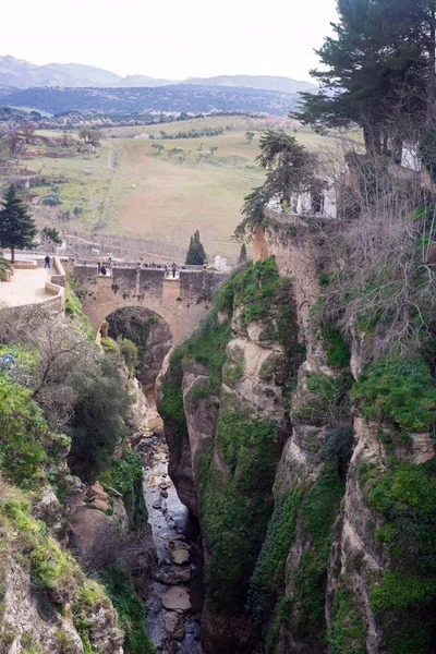 Ronda, Spanje, februari 2019. Residentiële gebouwen in de Spaanse stad Ronda. Huizen boven de kloof van El Tajo. Stad over de Abyss. — Stockfoto