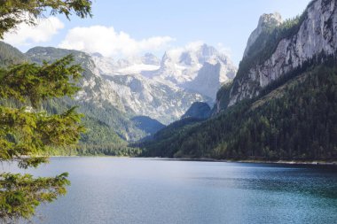 Göl, Gosauseen bölgesinde kar ve ormanlar ile dağlar, Avusturya.