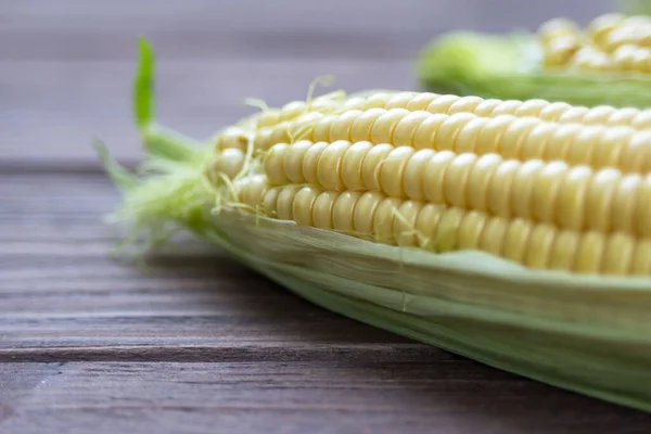 Érett Csemegekukorica Cob Egy Sötét Háttér Népszerű Növények Közelsége — Stock Fotó