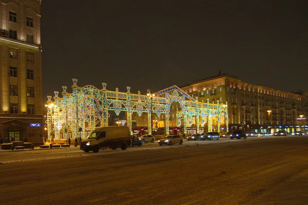 Moszkva Város Éjszakai Tverskaya Street Újév — Stock Fotó