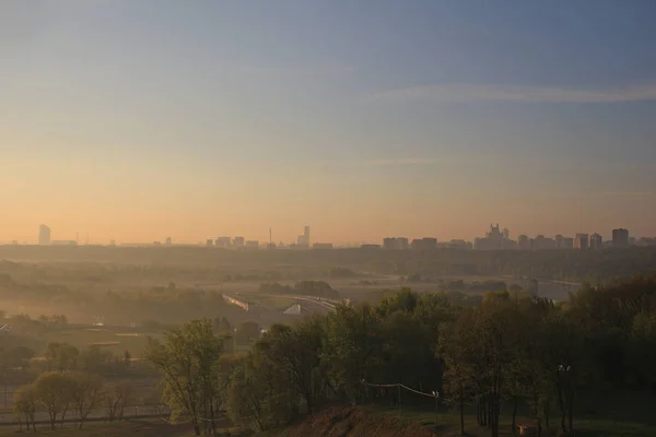 Stadt Moskau Morgendämmerung Neblig Morgen Natur Stadt Ansicht Von Krylatsky — Stockfoto