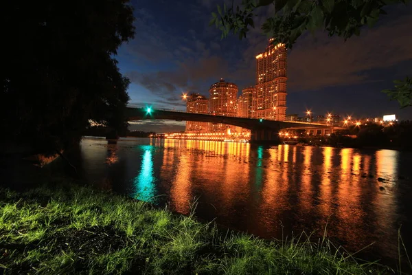 Moscow City Night Long Exposure Photo River Alye Parusa Residential — Stock Photo, Image